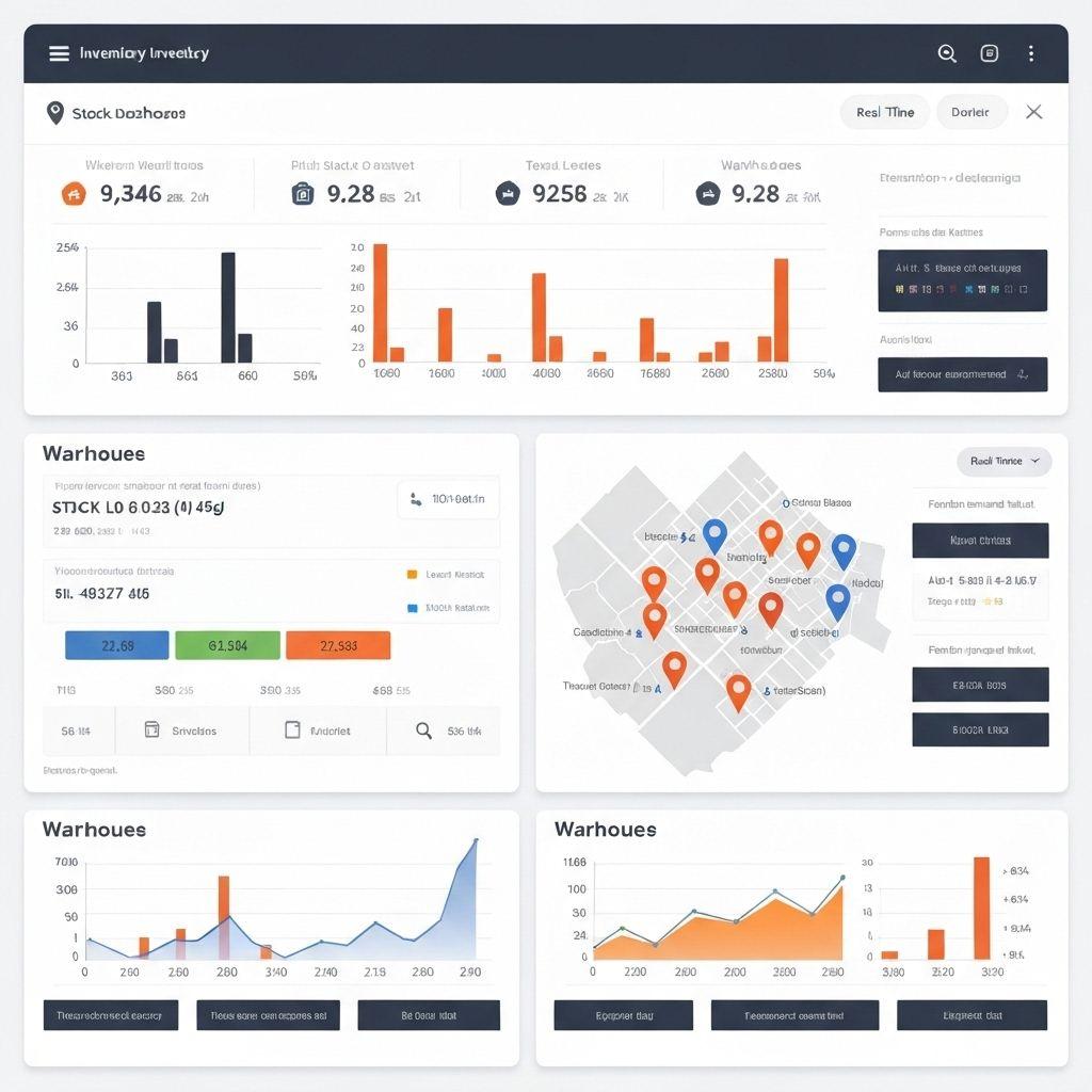 Inventory module interface showing multi-location stock tracking, transfers, and automated goods receipts.